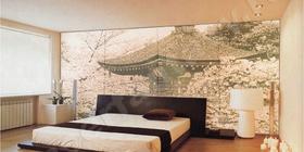 Сакура. Стекло зеркально-тонированное. Интерьер спальни. Панели для стен. Подсветка панели. Дизайн стен