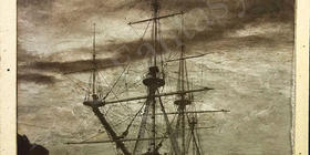 Изображение корабля шоколадного цвета на керамограните 1000х1000мм